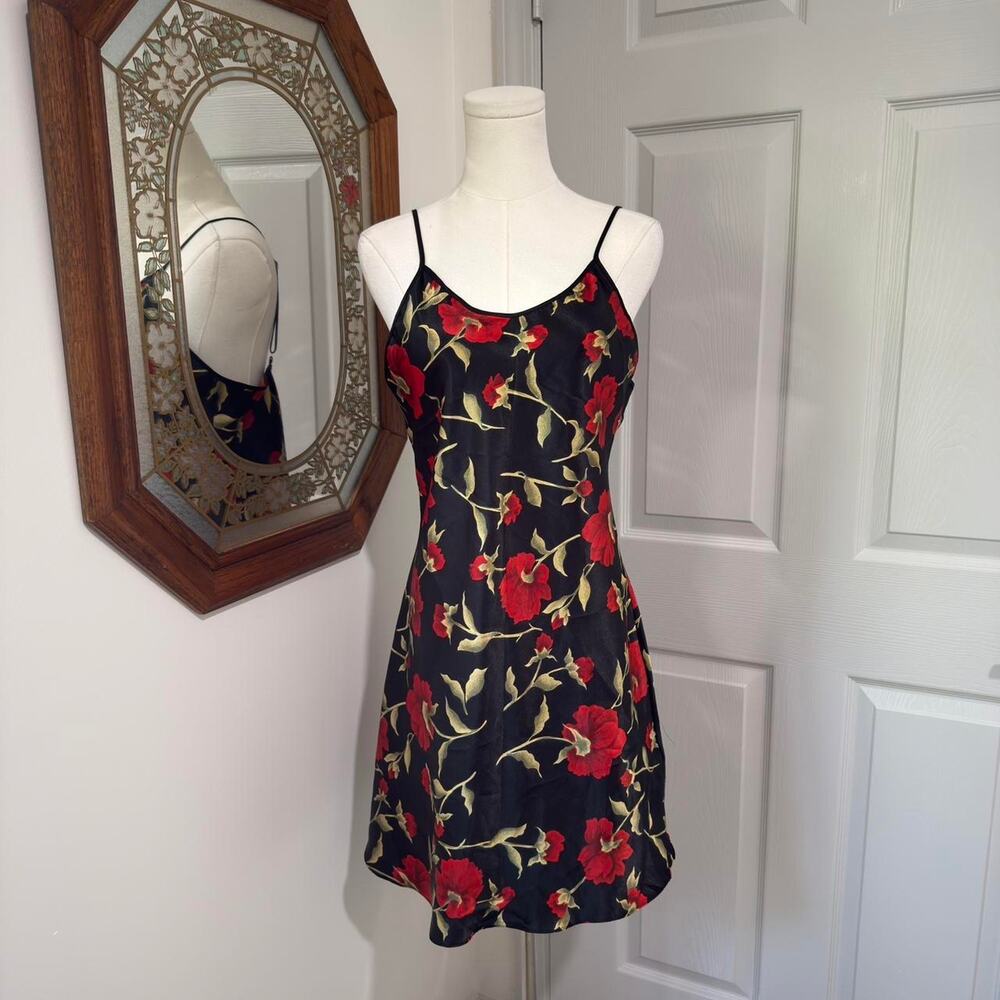 VTG Y2K Opulence Black & Red Rose Floral Romantic Grunge Mini Slip Dress L/M
